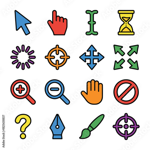 Colorful Set of Computer Cursors and Interface Icons.