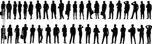 Large collection of business people silhouettes, diverse crowd of men and women professionals standing in rows, vector isolated