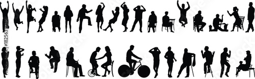 Large vector collection of people silhouettes in various poses like jumping, sitting, dancing, and cycling, isolated on white background