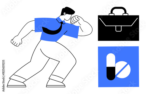 Dynamic figure of man in business attire walking confidently, paired with a briefcase and pill icons. Ideal for corporate success, entrepreneurship, determination, healthcare, pharmaceutical