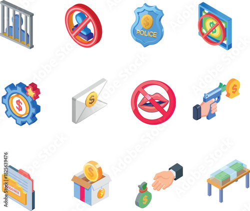 Isometric Financial Crime, Anti-Money Laundering (AML), and Banking Law Icon Set