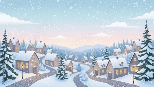 A serene winter village nestled among snow-laden trees, with cozy homes illuminated by a soft glow under a gently falling snow, creating a picturesque holiday wonderland