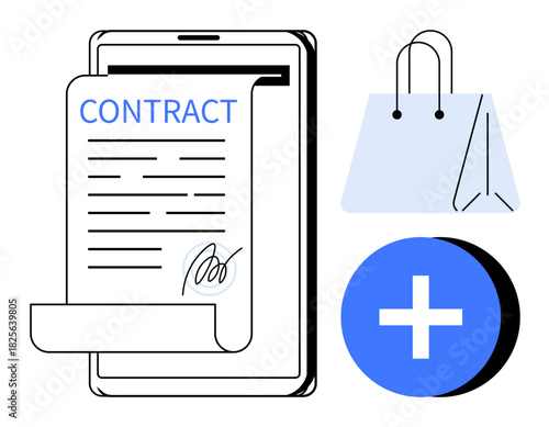 Contract management. Digital contract on a tablet, e-commerce shopping bag, and add symbol technology-driven business transactions. Contract solutions for business, retail, online services