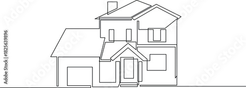 Minimalist continuous line drawing of a modern residential house with a garage and porch, perfect for real estate or home design concepts