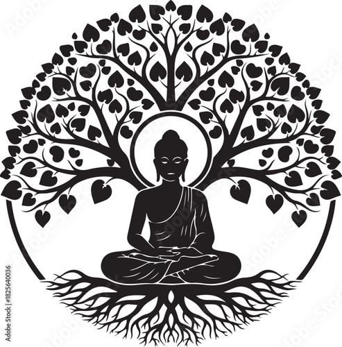 Silhouette of buddha meditating under the bodhi tree white