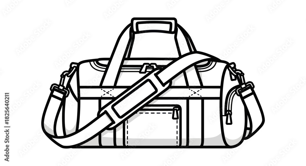 Obraz premium Illustrated Duffel Bag with Shoulder Strap and Handles Black and White Outline.