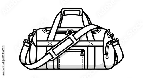 Illustrated Duffel Bag with Shoulder Strap and Handles Black and White Outline.