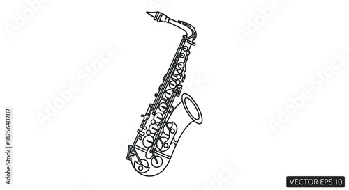 Detailed Black and White Outline of a Saxophone Instrument.