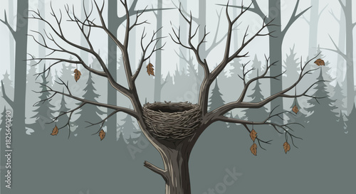 Bare tree with empty nest in misty winter forest illustration Vector, illustration