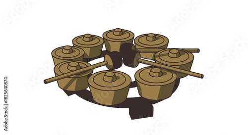 Traditional Lidded Earthenware Pots with Sticks in Circular Arrangement.