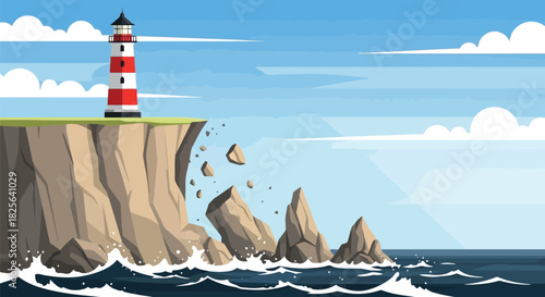 Coastal lighthouse on eroding cliff edge vector illustration Vector, illustration
