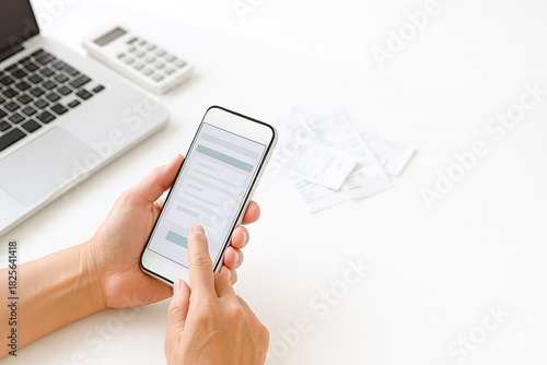 スマホでe-Taxオンライン確定申告をする日本人の手元とホワイトデスクのイメージ