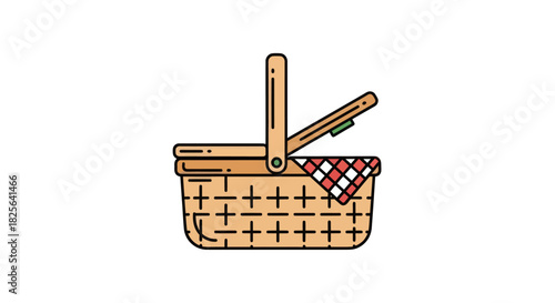 Cartoon Illustration of a Woven Picnic Basket with Handle and Lid.