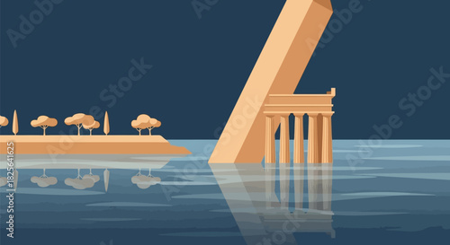Rising waters engulf ancient temple: climate change & heritage loss Vector, illustration