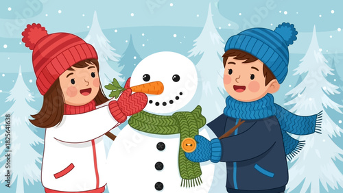 Cute illustration of two children building a snowman in a winter wonderland, dressed in warm clothing and happy smiles