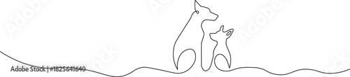 Elegant continuous line art drawing of two loyal dogs, a parent and puppy, showcasing their loving bond in a minimalist style perfect for modern pet designs
