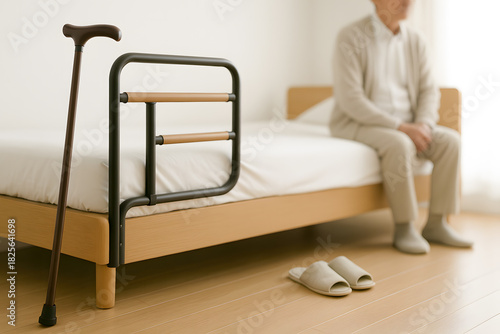 介護ベッドと手すりと杖が並ぶ高齢者向け転倒防止の寝室イメージ