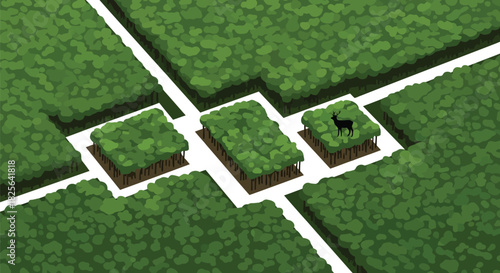 Abstract isometric forest scene with deer on elevated platform Vector, illustration