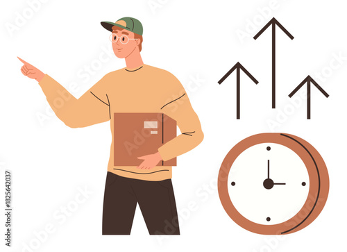 Delivery worker with cap holding a parcel, gesturing forward. Nearby clock and upward arrows signify time, progress, success, logistics, punctuality. Ideal for productivity, growth logistics