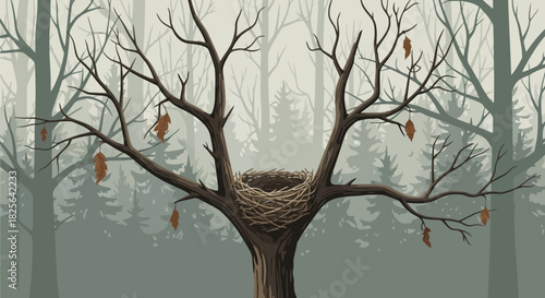 Empty bird nest in winter forest illustration with misty background Vector, illustration