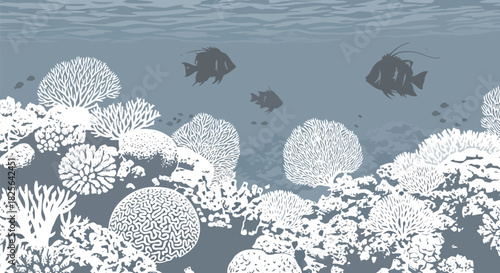 Monochromatic coral reef and tropical fish vector illustration Vector, illustration