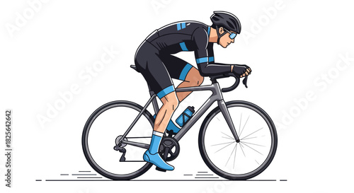 Cyclist in aerodynamic position on road bike wearing black and blue cycling kit.