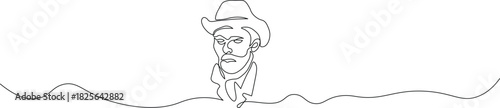 Striking single line drawing of a cowboy portrait with a hat and scarf for minimalist designs and creative projects, ideal for western themed art