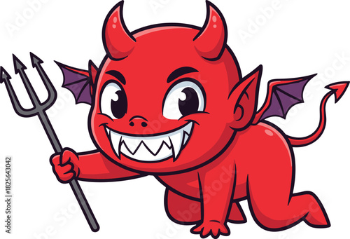 Cute mischievous cartoon devil character holding trident with playful expression, perfect for Halloween designs, fantasy artwork, stickers, and creative illustrations