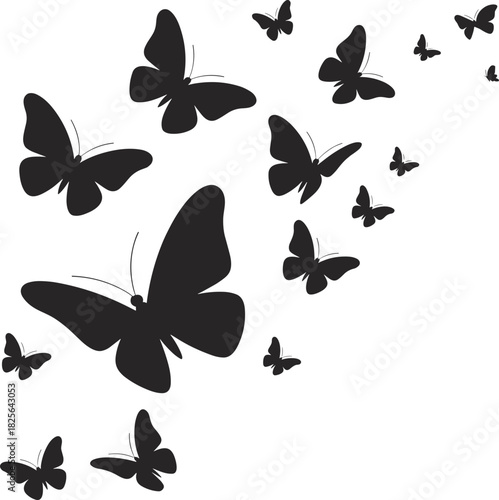 Flock of flying black butterflies silhouette, nature swarm vector illustration, spring freedom concept, isolated insect migration, summer background design