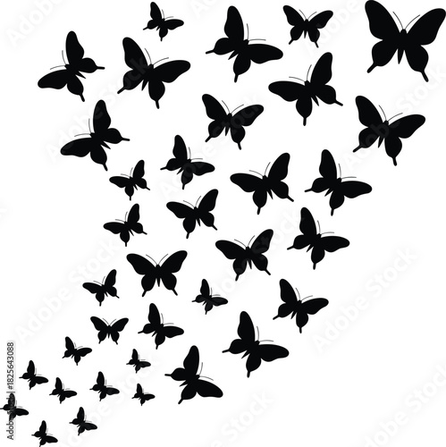 Flock of flying black butterflies silhouette, swarm vector illustration, nature freedom concept, isolated insect migration, summer decorative background designFlock of flying black butterflies 