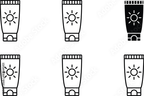 Sunscreen tube icons with sun symbol in outline and filled styles Keywords: sunscreen, sunblock