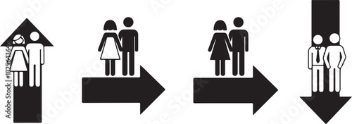Pictogram set showing couple movement up, forward, and down