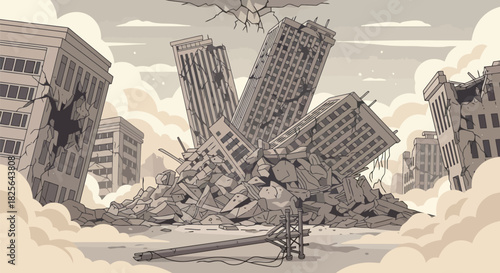 Destroyed cityscape: collapsed skyscrapers & rubble illustration Vector, illustration