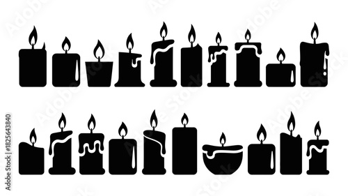 Collection of diverse burning candle silhouettes showcasing various shapes and sizes, perfect for festive, memorial, or spiritual design projects.