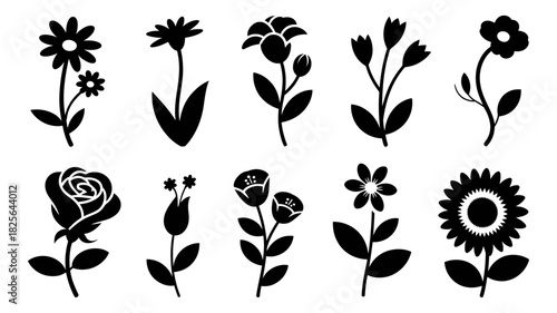 Collection of diverse black silhouette flower icons, vector illustration of various blossoms, plants with leaves and stems, perfect for spring and summer design