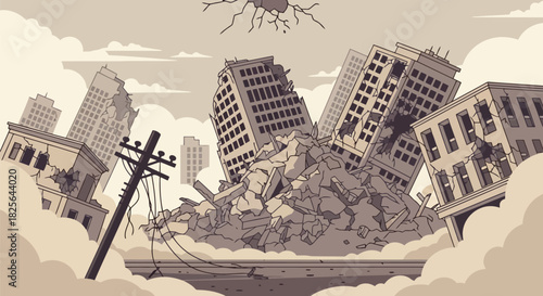 Urban ruin vector: collapsed city buildings aftermath illustration Vector, illustration