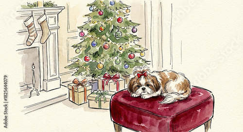 Living room with a fireplace and decorated Xmas tree, a cute Shi Tzu dog lying on a blue velvet padded stool; gift boxes placed at the foot of the tree 