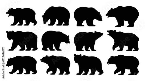 Collection of twelve distinct black bear silhouettes, depicting various natural poses and behaviors, ideal for graphic design and wildlife projects.