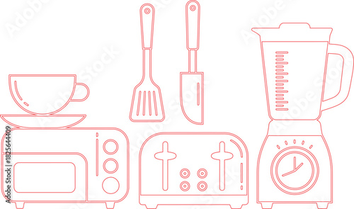 Red Outline Illustration of Kitchen Appliances Blender, Toaster, Microwave, Utensils, and Coffee Cup