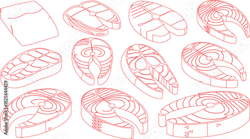 Red Outline Illustration of Multiple Salmon Steak Slices Displayed on a White Background Seafood Themed Design