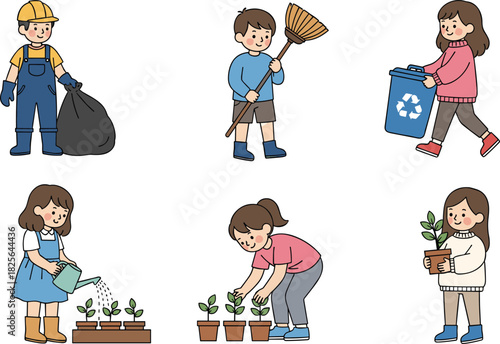Kids helping environment, recycling, cleaning, gardening, community service, eco-friendly actions, plant care, teamwork, flat vector illustration
