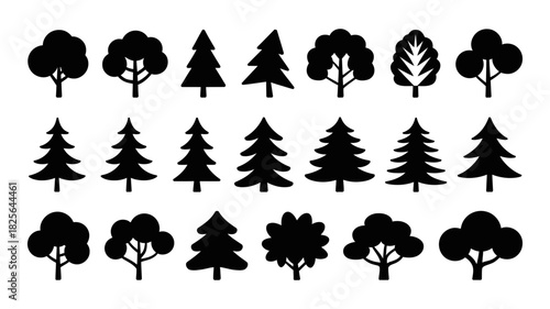 Collection of diverse black tree silhouettes: evergreen firs, pines, and various deciduous forest elements, minimalist vector icons on a white background.