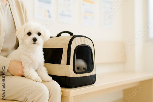 動物病院の待合室でペットキャリーバッグに入って診察を待つ白い小型犬