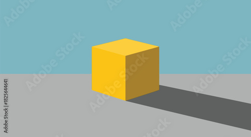 Minimalist yellow 3d cube with long shadow on blue background Vector, illustration