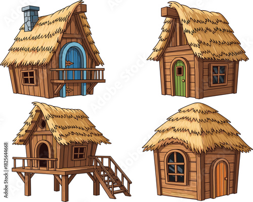 Cartoon wooden houses, fantasy cottages, thatched roofs, whimsical architecture, storybook homes, rustic buildings, flat vector illustration