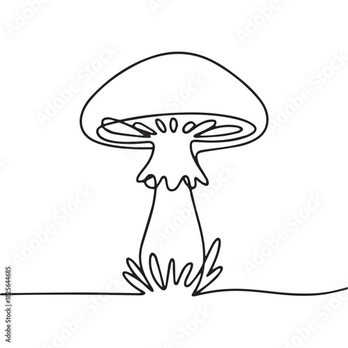 One continuous line illustration of an mushroom, isolated on white background.