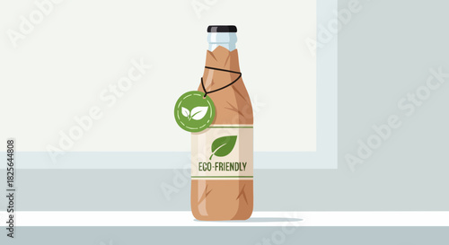 Glass bottle in paper wrap packaging, eco friendly packaging with glass bottle wrap and sustainable product concept, suitable for poster design, article header, and product mockup.
