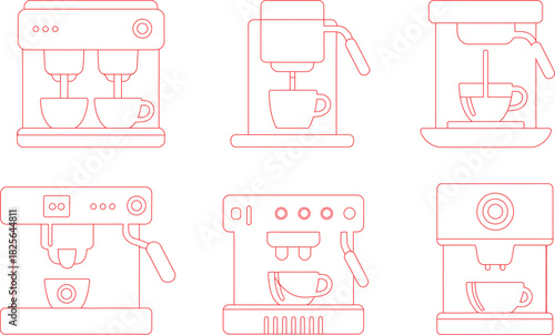 Red Outline Illustration Six Different Coffee Machines with Cups on a White Background