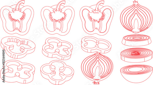 Red Outline Illustration Sliced Bell Peppers and Onions Design Elements Isolated