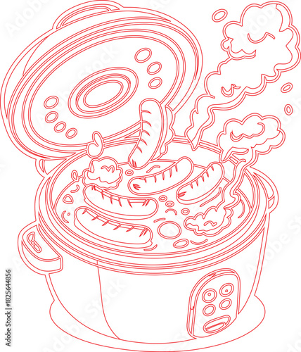 Red Outline Illustration Steaming Sausages in a Cooker with the Lid Ajar